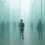 Overlapping translucent screens and distorted shadows illustrating the complexities and hidden risks of remote workspace security.