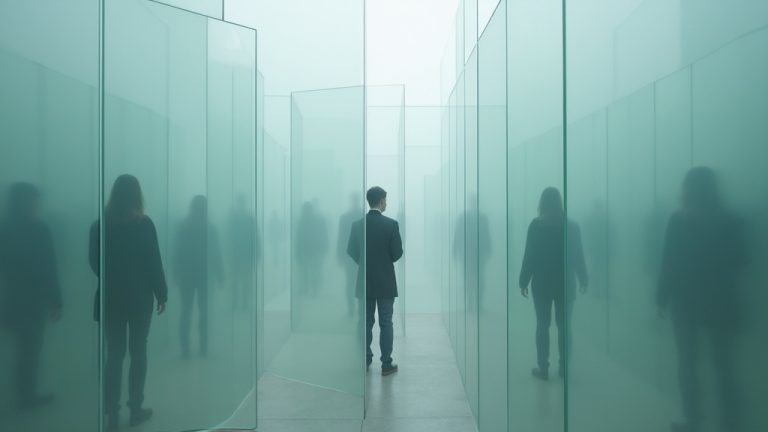 Overlapping translucent screens and distorted shadows illustrating the complexities and hidden risks of remote workspace security.