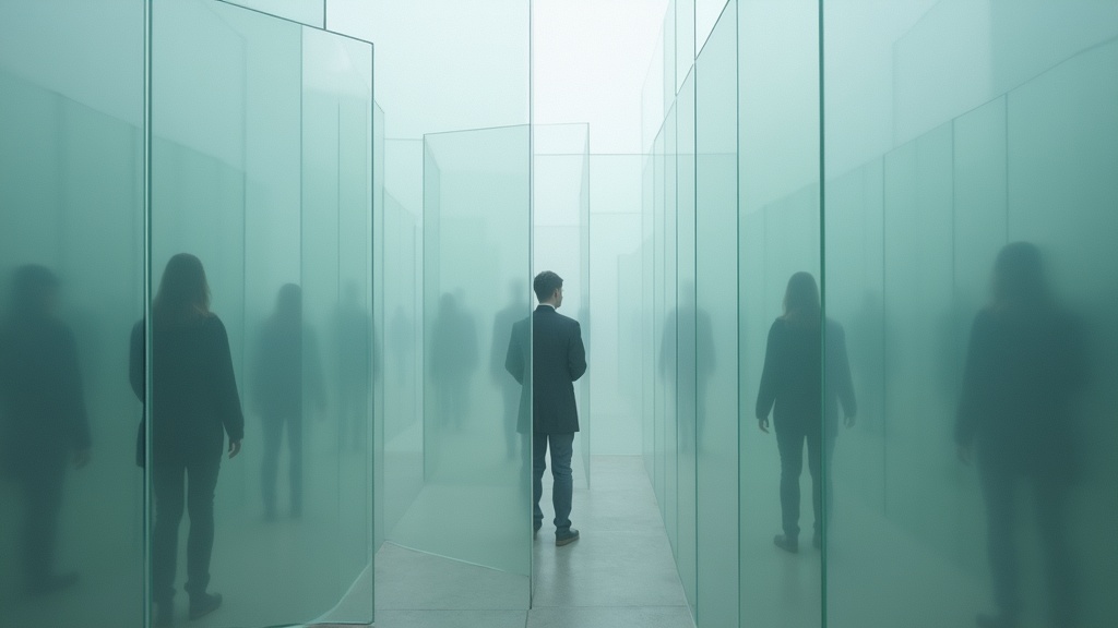 Overlapping translucent screens and distorted shadows illustrating the complexities and hidden risks of remote workspace security.