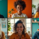 Remote team members on a video call, each in a unique home workspace with personal touches and warm, natural light highlighting their individuality.