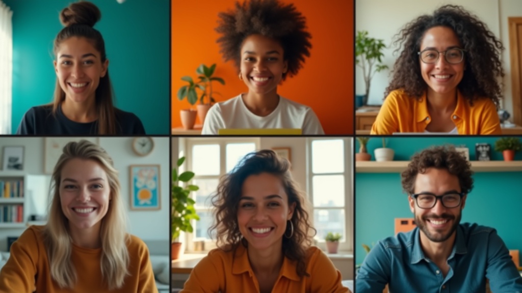 Remote team members on a video call, each in a unique home workspace with personal touches and warm, natural light highlighting their individuality.