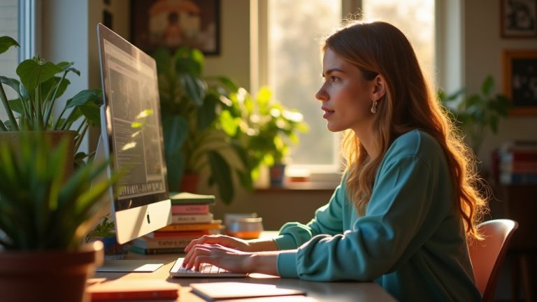 A remote worker in a sunlit home office focused on their laptop, surrounded by plants and books, illustrating practical file security in a real-world setting.