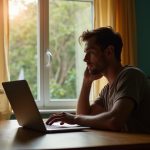 A person sits thoughtfully at a home office desk in warm afternoon light, looking out a sunlit window that blurs the busy street outside, reflecting both connection and solitude.
