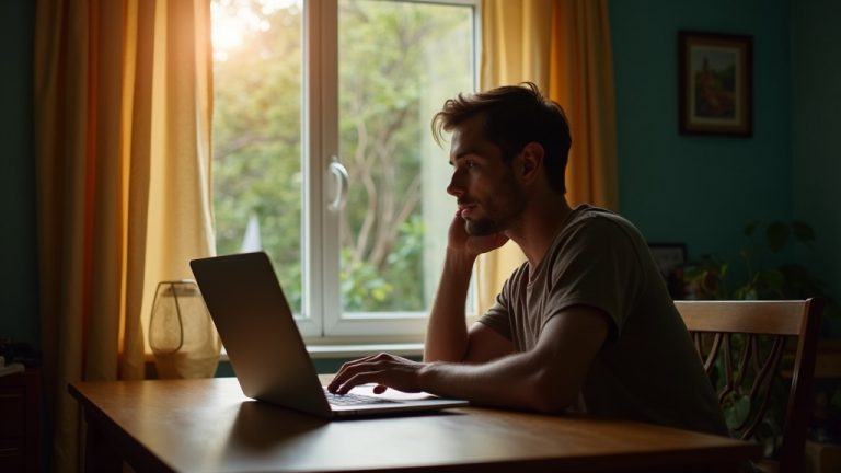 A person sits thoughtfully at a home office desk in warm afternoon light, looking out a sunlit window that blurs the busy street outside, reflecting both connection and solitude.