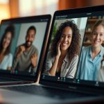 Several remote team members appear engaged on individual laptop screens in varied home offices, with warm natural light and textured details capturing collaboration.