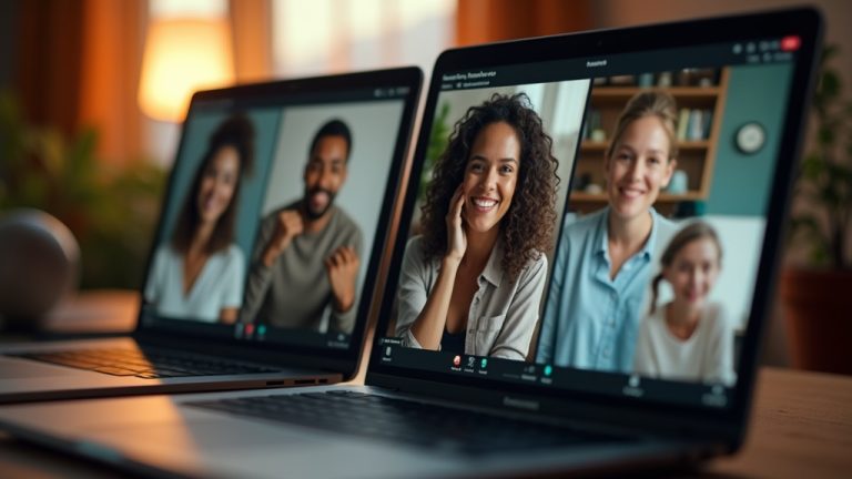 Several remote team members appear engaged on individual laptop screens in varied home offices, with warm natural light and textured details capturing collaboration.