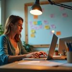 Remote worker focused between a laptop and a whiteboard in a warmly lit home office, multitasking during a mid-morning work session.