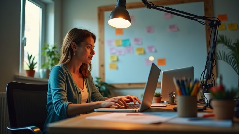 Remote worker focused between a laptop and a whiteboard in a warmly lit home office, multitasking during a mid-morning work session.