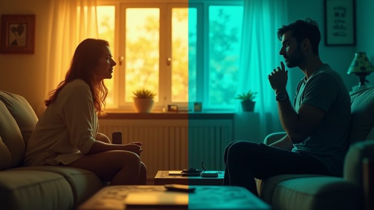 Two people in contrasting settings engage in a thoughtful video call, visually highlighting their connection and the nuances of remote one on one meetings.
