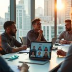 Remote professionals engaged in a focused meeting, balancing video calls and chat interactions around a conference table in a modern office.