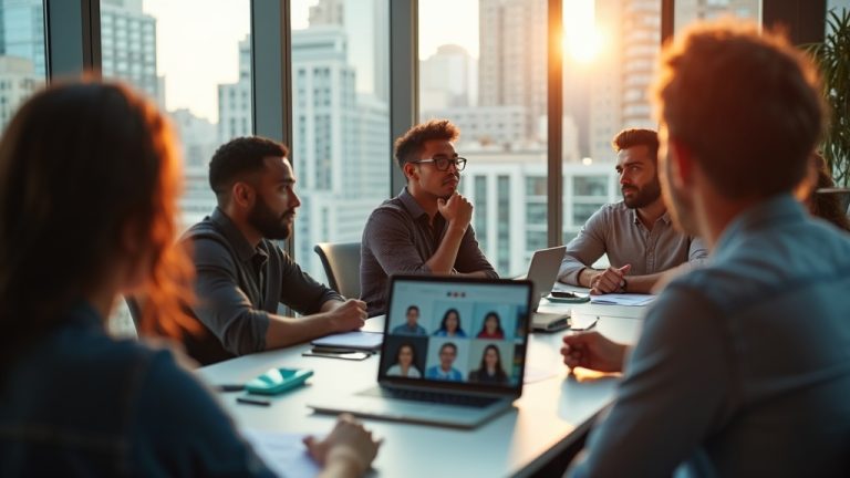 Remote professionals engaged in a focused meeting, balancing video calls and chat interactions around a conference table in a modern office.