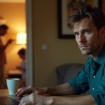 Remote worker at a home desk glancing toward a semi-open door where family members are playing, highlighting the challenge of balancing work and home life in a shared space.