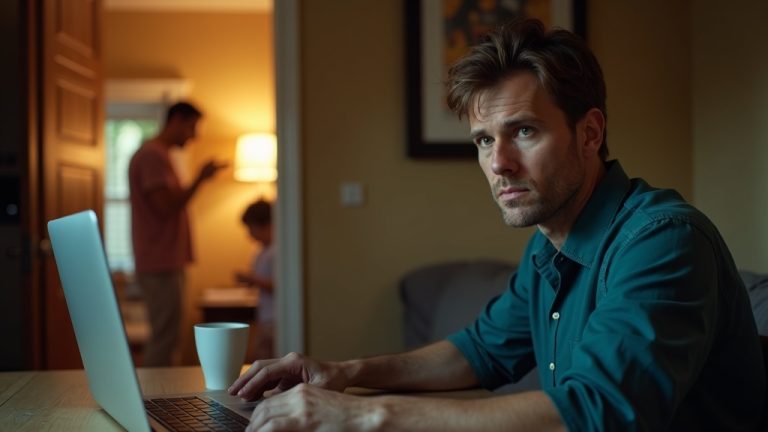 Remote worker at a home desk glancing toward a semi-open door where family members are playing, highlighting the challenge of balancing work and home life in a shared space.