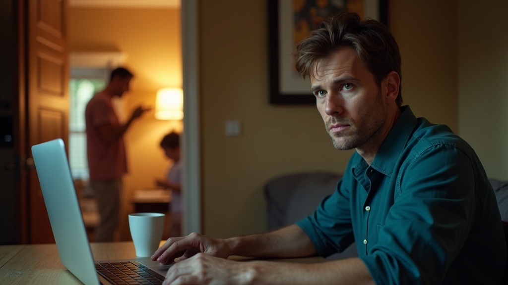 Remote worker at a home desk glancing toward a semi-open door where family members are playing, highlighting the challenge of balancing work and home life in a shared space.