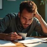 A remote worker urgently checking their smartphone at a cluttered desk, lit by warm morning light, with signs of frustration after losing home internet.