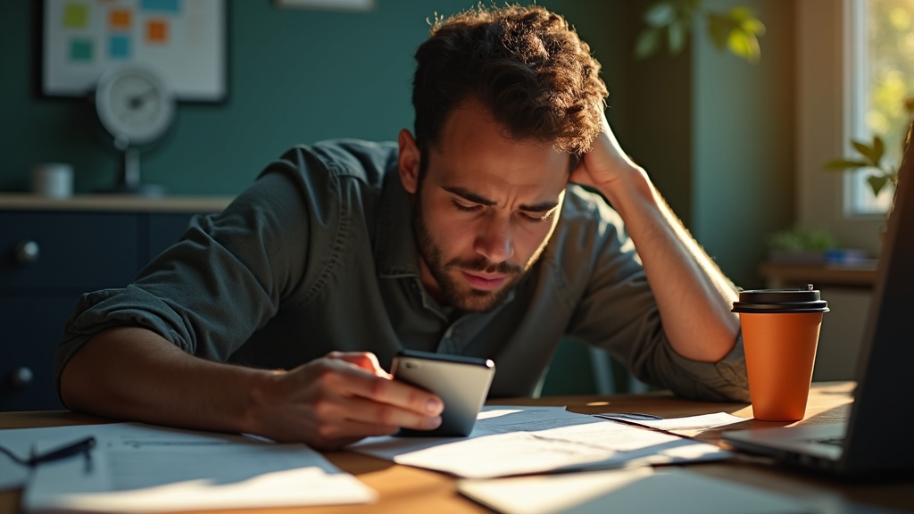 A remote worker urgently checking their smartphone at a cluttered desk, lit by warm morning light, with signs of frustration after losing home internet.