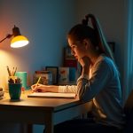 A focused young adult adjusts their chair at a cozy, organized home desk illuminated by a warm lamp, with soft clutter in the background.