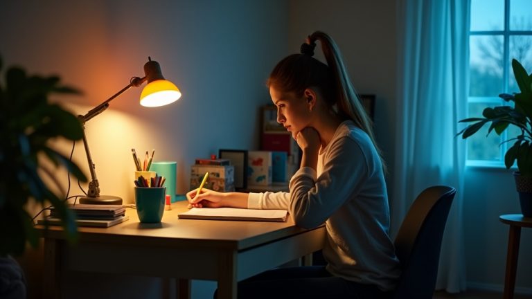 A focused young adult adjusts their chair at a cozy, organized home desk illuminated by a warm lamp, with soft clutter in the background.