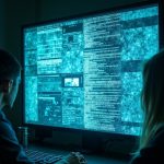 A digitally distorted computer screen glows with pixelated grids and shadowy human figures, illustrating the challenges and distance of remote brainstorming.