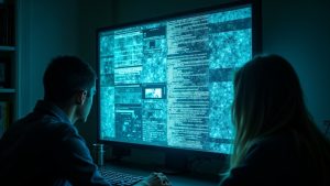 A digitally distorted computer screen glows with pixelated grids and shadowy human figures, illustrating the challenges and distance of remote brainstorming.