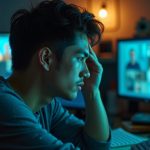 A young adult at a cluttered home desk, surrounded by glowing screens with video call faces, looks weary as conflicting lights highlight their tired expression.