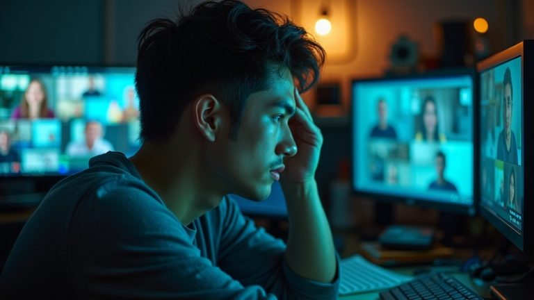 A young adult at a cluttered home desk, surrounded by glowing screens with video call faces, looks weary as conflicting lights highlight their tired expression.