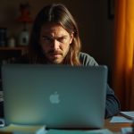 A focused adult at a cluttered home desk studies a laptop screen with cautious suspicion, highlighting work-from-home security concerns.