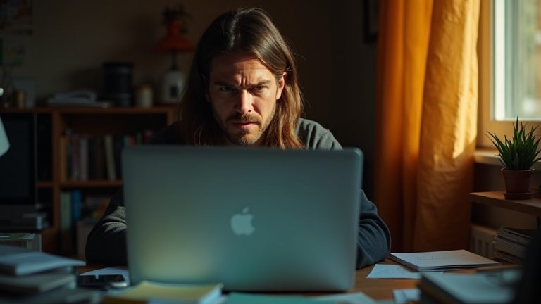 A focused adult at a cluttered home desk studies a laptop screen with cautious suspicion, highlighting work-from-home security concerns.