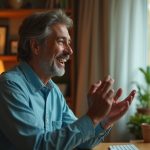 Remote team leader enthusiastically interacting on a video call in a warmly lit home office, demonstrating active support and personal connection.