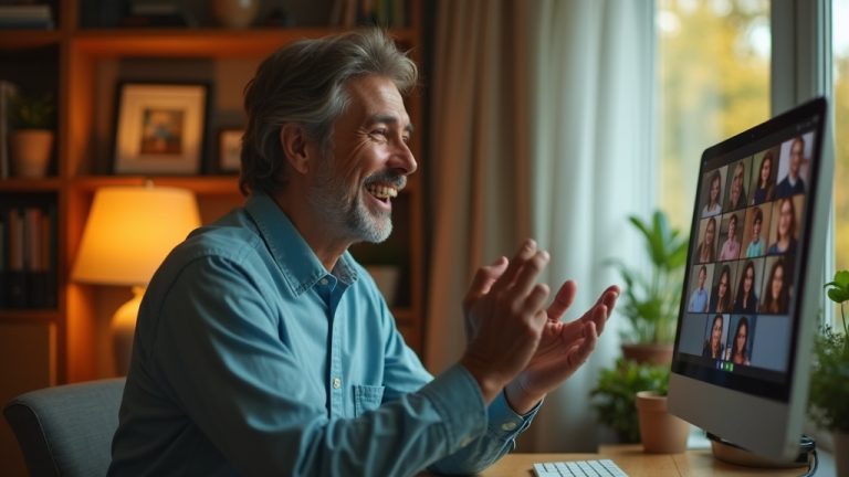 Remote team leader enthusiastically interacting on a video call in a warmly lit home office, demonstrating active support and personal connection.