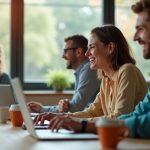 Remote team members engaged in a lively video call, sharing authentic moments and interactions in a warm, informal co-working space.