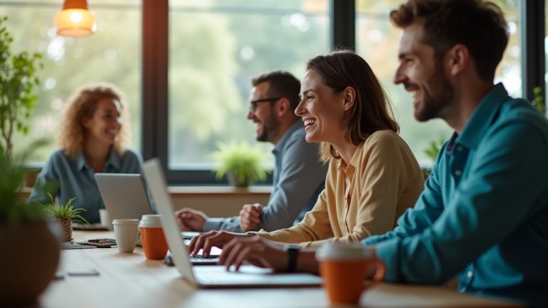 Remote team members engaged in a lively video call, sharing authentic moments and interactions in a warm, informal co-working space.