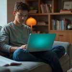 Young professional working on a laptop in a compact living room surrounded by books and children’s toys, focused despite a busy shared space.