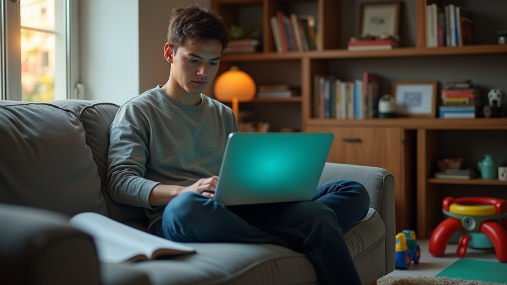 Young professional working on a laptop in a compact living room surrounded by books and children’s toys, focused despite a busy shared space.