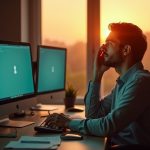 A remote worker massages their temples at a cluttered home office desk during sunset, surrounded by multiple screens and highlighted by contrasting warm and cool lighting.