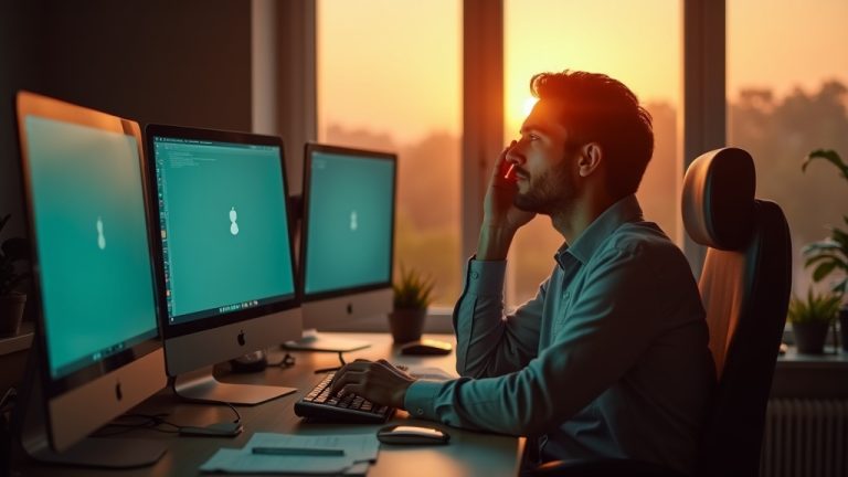 A remote worker massages their temples at a cluttered home office desk during sunset, surrounded by multiple screens and highlighted by contrasting warm and cool lighting.