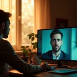 Two remote colleagues in separate home offices engage in thoughtful async communication across different time zones, highlighted by contrasting morning and screen lighting.