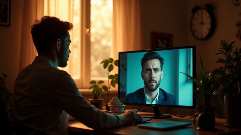Two remote colleagues in separate home offices engage in thoughtful async communication across different time zones, highlighted by contrasting morning and screen lighting.