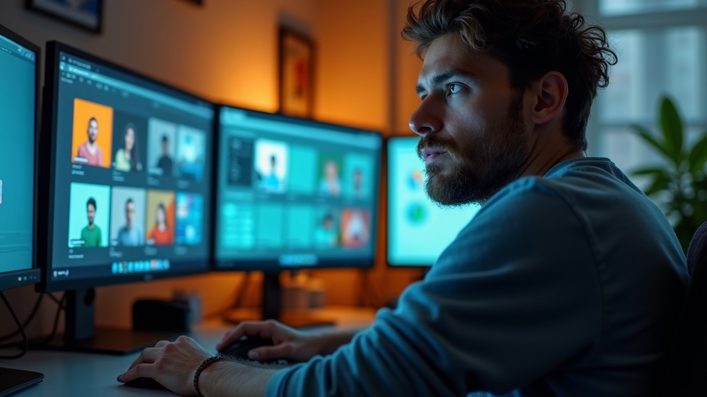 A remote worker at a home office desk surrounded by multiple screens filled with chat messages, looking focused amid ambient natural and digital light.