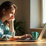 A focused remote worker in a cozy home office, typing on a laptop at a sunlit wooden desk with a coffee mug and small plant nearby.