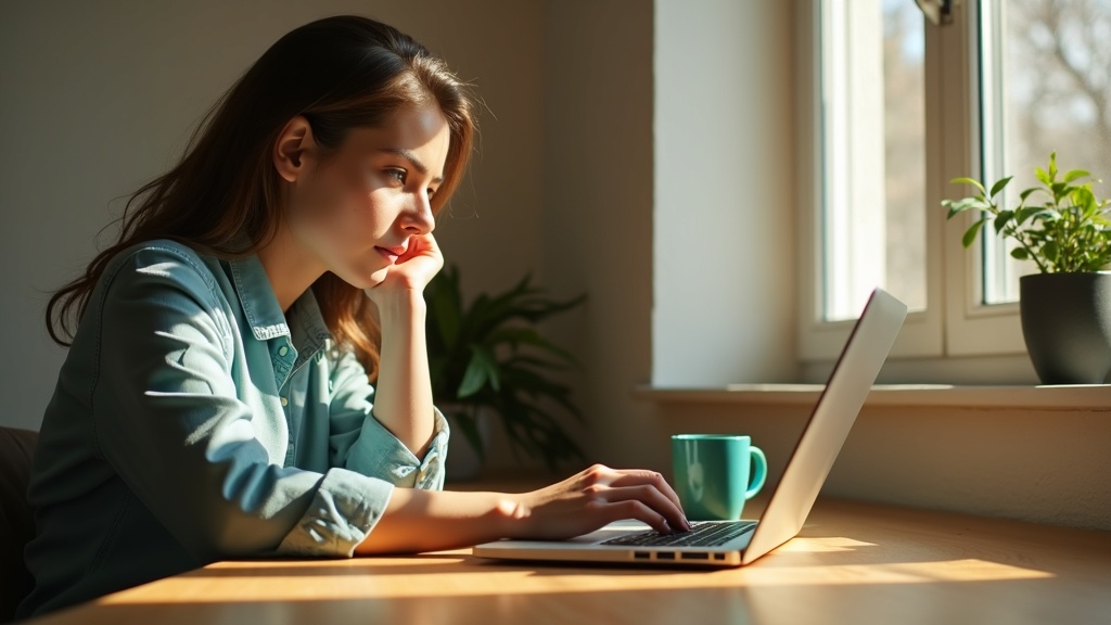 A focused remote worker in a cozy home office, typing on a laptop at a sunlit wooden desk with a coffee mug and small plant nearby.