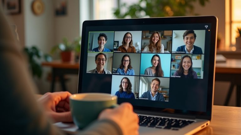 A person in a home office joins a vibrant team video call on a laptop, with a cozy atmosphere and teammates in diverse, inviting environments.