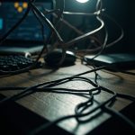 A cluttered remote workspace tangled in overlapping lines and dim shadows, reflecting the stress of email overload and digital chaos.