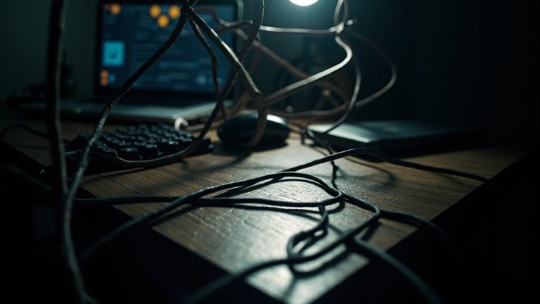 A cluttered remote workspace tangled in overlapping lines and dim shadows, reflecting the stress of email overload and digital chaos.