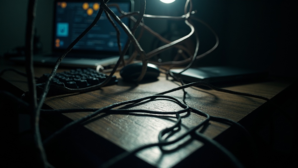 A cluttered remote workspace tangled in overlapping lines and dim shadows, reflecting the stress of email overload and digital chaos.