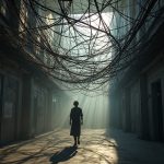 A chaotic web of wires and cables overhead suggests the mental entanglement and complexity remote workers face when separating work from personal life.