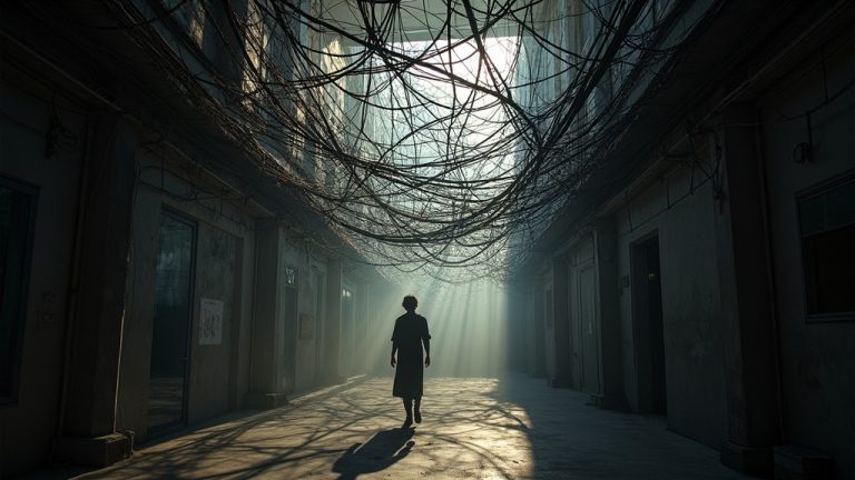 A chaotic web of wires and cables overhead suggests the mental entanglement and complexity remote workers face when separating work from personal life.