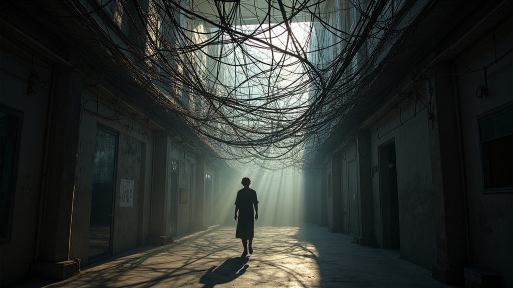 A chaotic web of wires and cables overhead suggests the mental entanglement and complexity remote workers face when separating work from personal life.