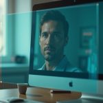 Professional in a home office reflected on a computer screen during a daylight video call, with personal items and natural light highlighting a realistic remote work setup.