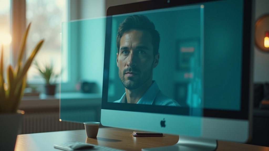 Professional in a home office reflected on a computer screen during a daylight video call, with personal items and natural light highlighting a realistic remote work setup.